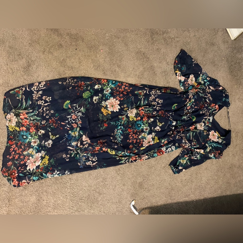 navy blue dress with flowers, built in slip underneath